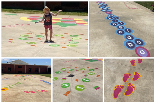 sensory path on sunny day; stenciled paths: numbers, feet, etc.